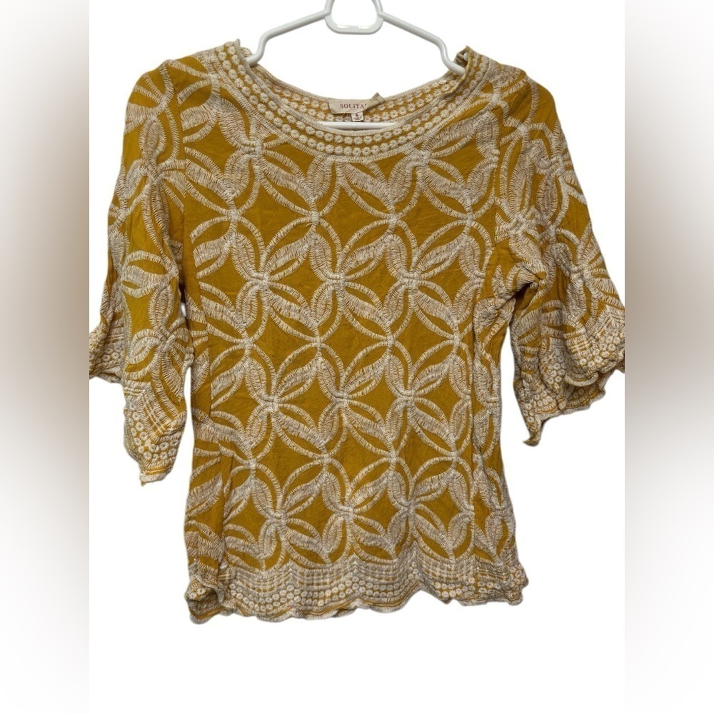 SOLITAIRE Yellow Embroidered Blouse Scalloped Relaxed Rayon